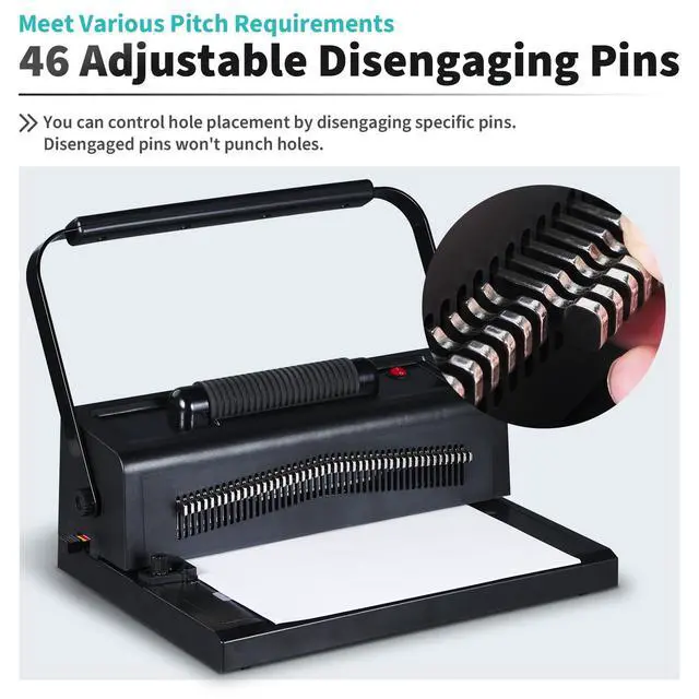 Alt view image 5 of 7 - Spiral Binding Machine, 4:1 Pitch, 20-Sheet Punch, with Bonus Kit | 46 Disengageable Pins, Electric Coil Inserter, Adjustable Side Margin, with 100 8Mil PVC Covers, 100 5/16 in Coils and Pliers