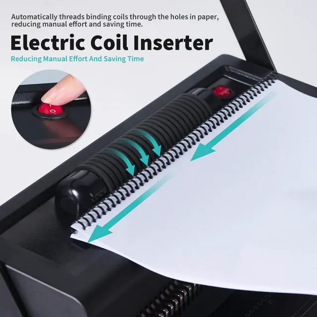 Alt view image 6 of 7 - Spiral Binding Machine, 4:1 Pitch, 20-Sheet Punch, with Bonus Kit | 46 Disengageable Pins, Electric Coil Inserter, Adjustable Side Margin, with 100 8Mil PVC Covers, 100 5/16 in Coils and Pliers