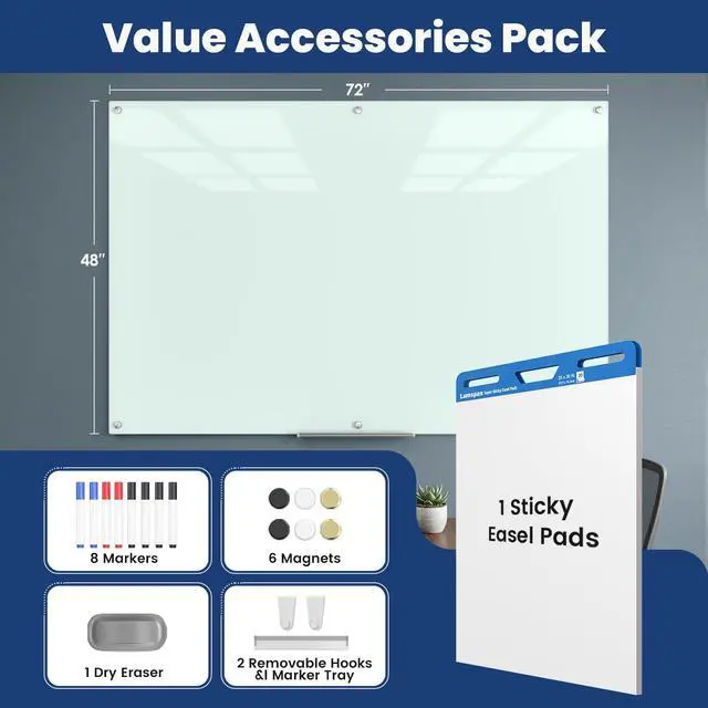 Alt view image 6 of 7 - Large Glass Whiteboard, Enhanced Magnetism Glass Dry Erase Board for Wall, 72" x 48" Magnetic Tempered Glass Board, 6' x 4' Big White Board for Home, Office, School