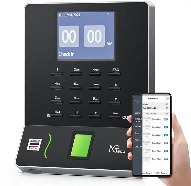 Main image of APP Time Clock for Small Business, Fingerprint Biometric & PIN Clocking System, 2.4GHz WiFi Clocks in Machine for Employees with iOS/Android App, No Monthly Fee