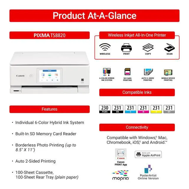 Alt view image 3 of 7 - PIXMA TS8820 Wireless Printer, Best for Home Photo Printing, Copy and Scan, White