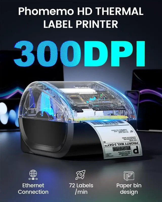 Alt view image 2 of 7 - 300DPI Ethernet Thermal Label Printer 4x6 with Built-in Paper Bin | D530Pro shipping label printer for small business/home/office, Ethernet/Bluetooth/USB connection, compatible with Amazon/USPS