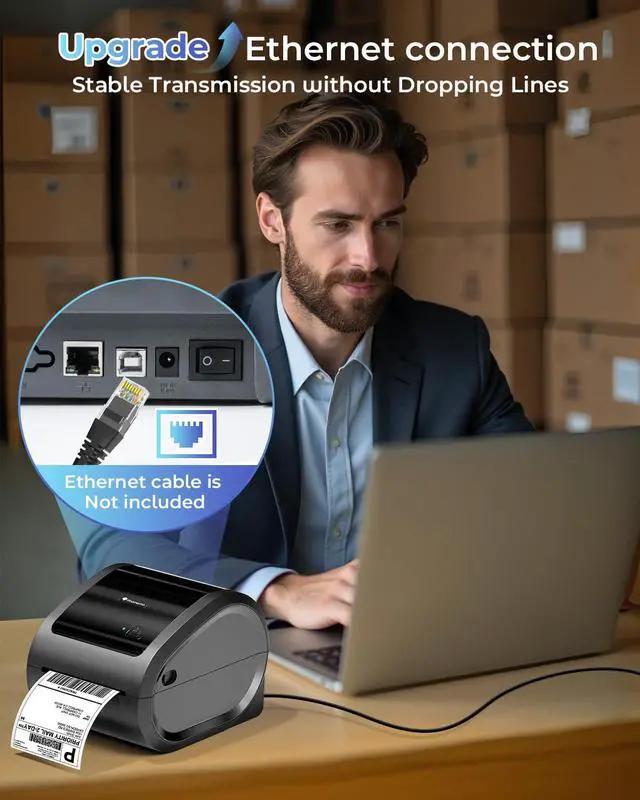 Alt view image 3 of 7 - 300DPI Ethernet Thermal Label Printer 4x6 with Built-in Paper Bin | D530Pro shipping label printer for small business/home/office, Ethernet/Bluetooth/USB connection, compatible with Amazon/USPS