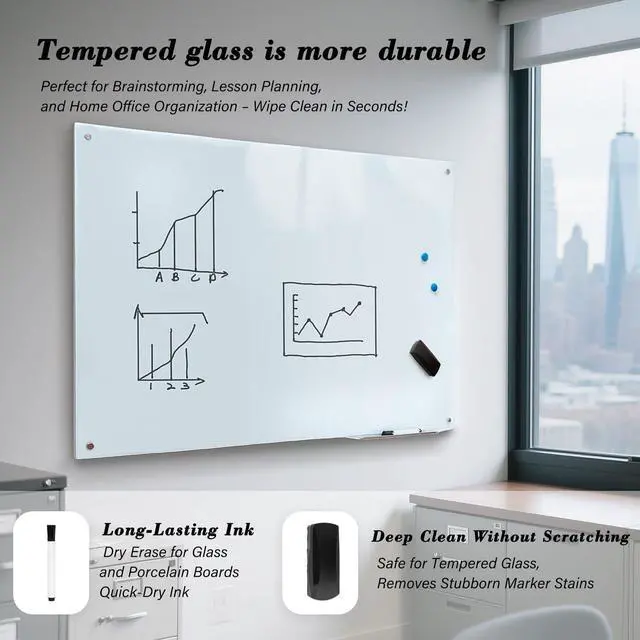 Alt view image 7 of 7 - Magnetic Glass Dry Erase White Board, 60" W x 40" H Whiteboard with Accessories, Large Frameless Wall Mounted for Office, Home, School