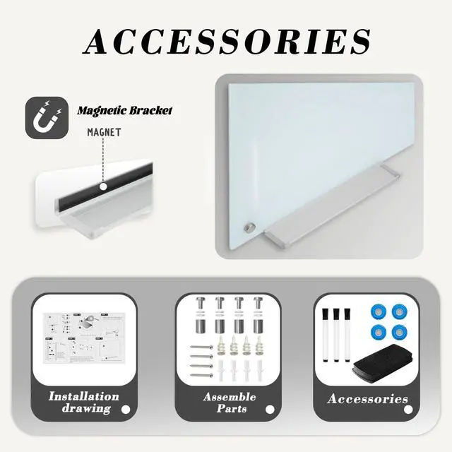 Alt view image 4 of 7 - Magnetic Glass Dry Erase White Board, 60" W x 40" H Whiteboard with Accessories, Large Frameless Wall Mounted for Office, Home, School