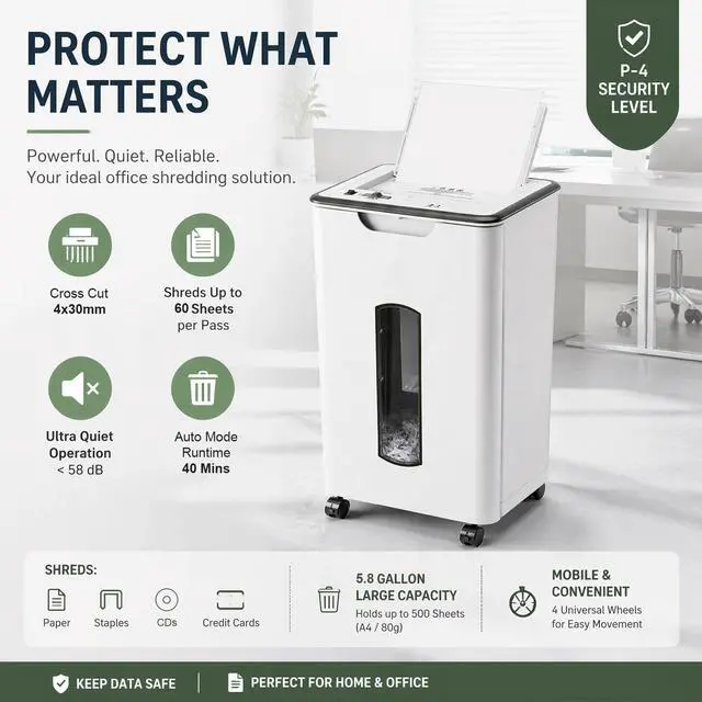 Alt view image 2 of 7 - 60 Sheets Auto Feed Paper Shredder for Home Office | P-4, 40 Mins Runtime, 5.8 gal, Shreds CDs & Credit Cards