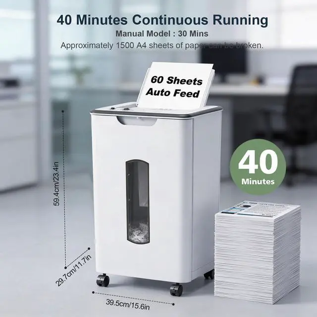 Alt view image 5 of 7 - 60 Sheets Auto Feed Paper Shredder for Home Office | P-4, 40 Mins Runtime, 5.8 gal, Shreds CDs & Credit Cards