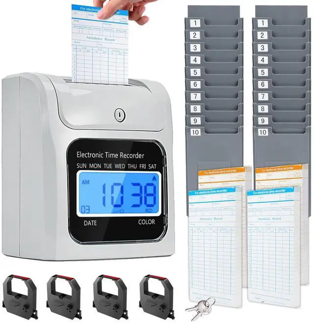 Main image of Time Clock Bundle with 200 Time Cards, 4 Ink Ribbons, 2 Ten-Slot Time Card Racks, & 2 Security Keys, Auto-Align Employee Time Clocks for Small Business