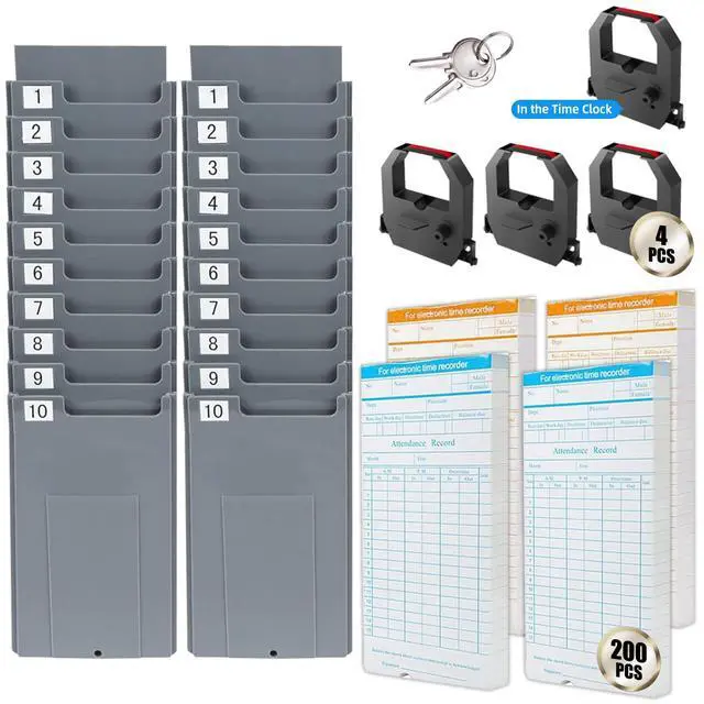 Alt view image 5 of 7 - Time Clock Bundle with 200 Time Cards, 4 Ink Ribbons, 2 Ten-Slot Time Card Racks, & 2 Security Keys, Auto-Align Employee Time Clocks for Small Business