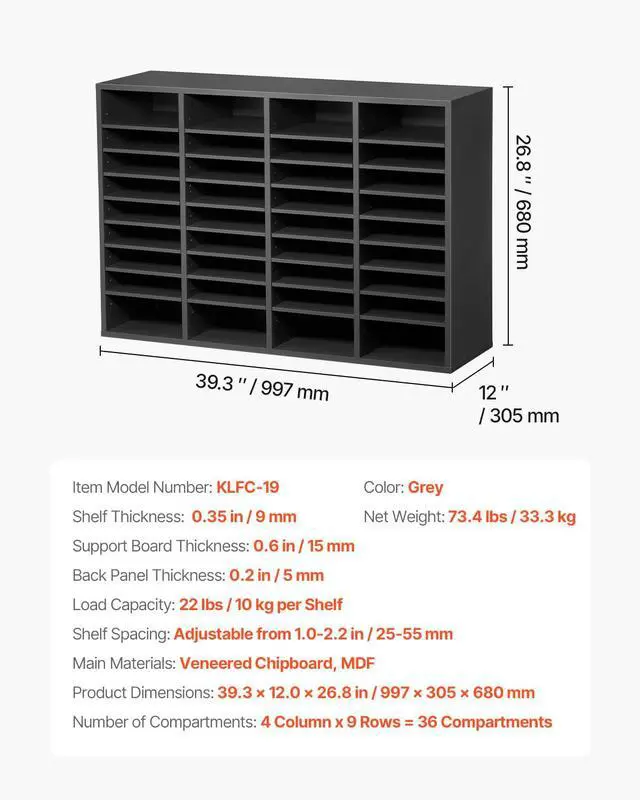 Alt view image 3 of 7 - Literature Organizer, 36 Compartments Office Mailbox with Adjustable Shelves, Wooden Mailbox Sorter Medium Density Fiberboard Office Home Classroom Storage for Files, Documents, Papers, Grey