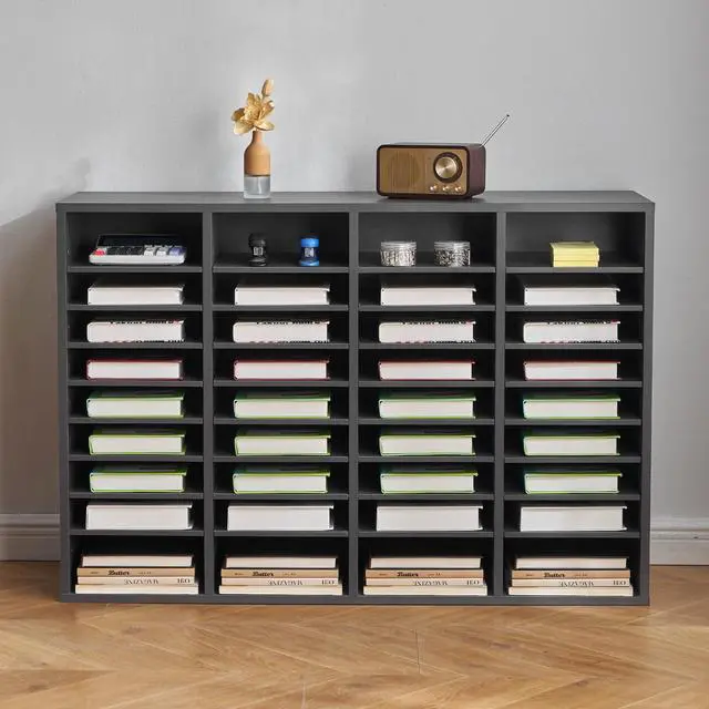 Alt view image 2 of 7 - Literature Organizer, 36 Compartments Office Mailbox with Adjustable Shelves, Wooden Mailbox Sorter Medium Density Fiberboard Office Home Classroom Storage for Files, Documents, Papers, Grey