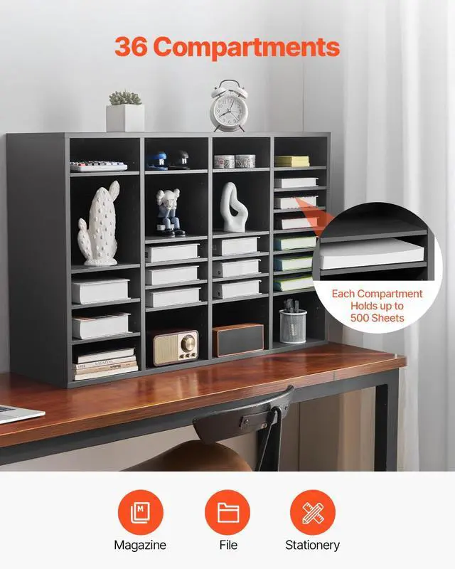 Alt view image 6 of 7 - Literature Organizer, 36 Compartments Office Mailbox with Adjustable Shelves, Wooden Mailbox Sorter Medium Density Fiberboard Office Home Classroom Storage for Files, Documents, Papers, Grey