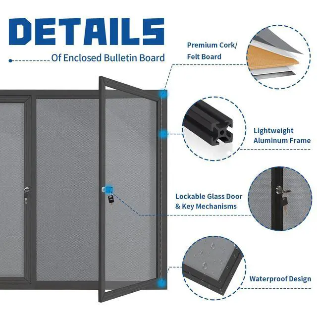 Alt view image 3 of 7 - Enclosed Bulletin Board Lockable,Outdoor Noticeboard 44x32 Inch | Weatherproof,Grey Felt, Wall-Mounted Aluminum Black Framed Presentation Board with Locking Door