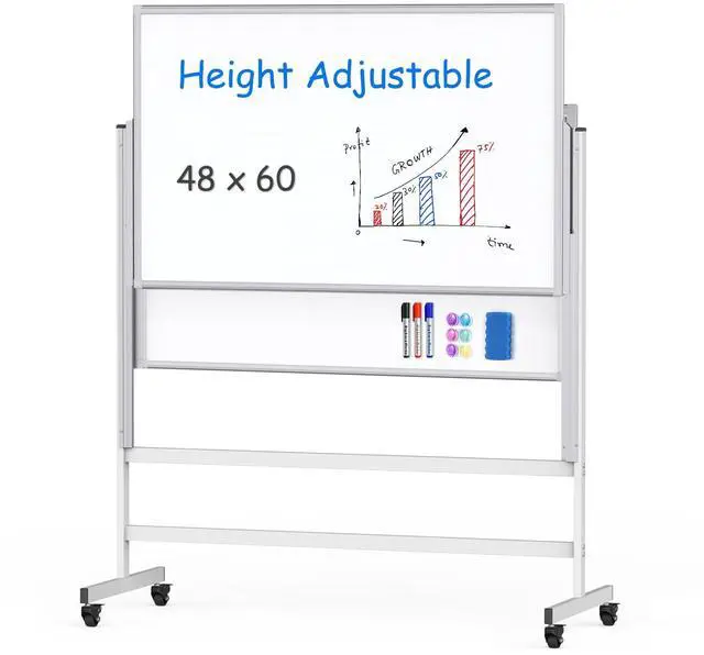 Main image of Dry Erase Whiteboard Height Adjustable, Easel Stand Rolling White Board on Wheels - 48 x 60 Large Mobile Dry Erase Board, 4' x 5' Double Sided Magnetic Whiteboard for School Office Home