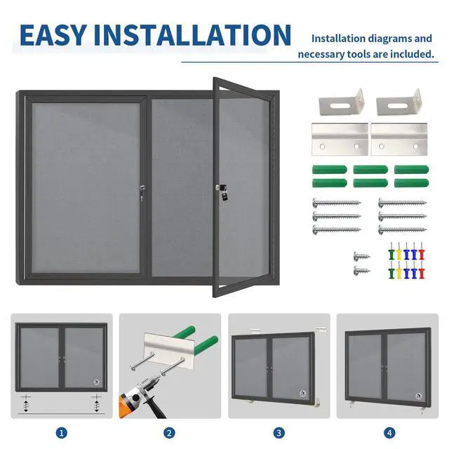 Alt view image 5 of 7 - Enclosed Bulletin Board Lockable,Outdoor Noticeboard 44x32 Inch | Weatherproof,Grey Felt, Wall-Mounted Aluminum Black Framed Presentation Board with Locking Door