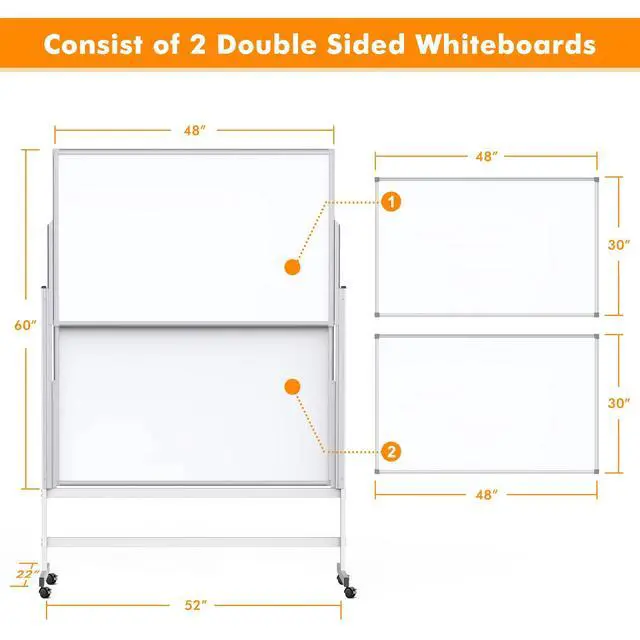 Alt view image 6 of 7 - Dry Erase Whiteboard Height Adjustable, Easel Stand Rolling White Board on Wheels - 48 x 60 Large Mobile Dry Erase Board, 4' x 5' Double Sided Magnetic Whiteboard for School Office Home