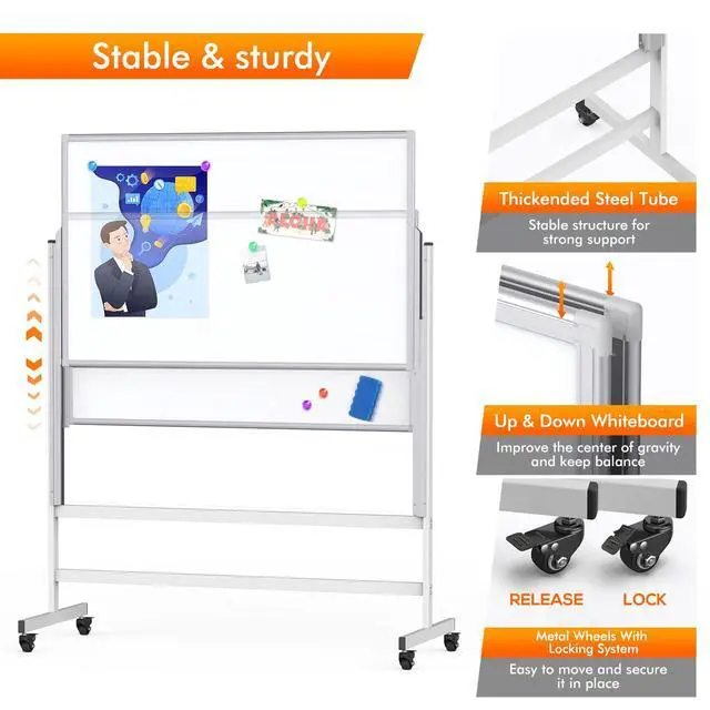 Alt view image 7 of 7 - Dry Erase Whiteboard Height Adjustable, Easel Stand Rolling White Board on Wheels - 48 x 60 Large Mobile Dry Erase Board, 4' x 5' Double Sided Magnetic Whiteboard for School Office Home