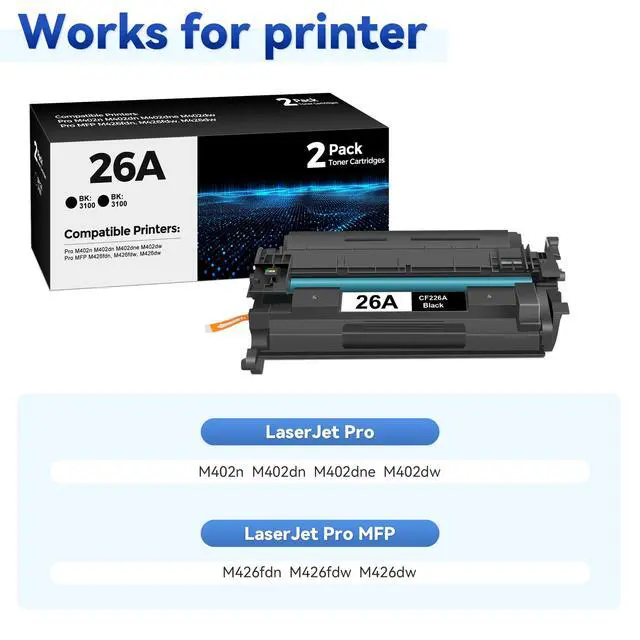 Alt view image 2 of 7 - 26A CF226A Toner Cartridge Black 2 Pack Compatible for HP 26A CF226A 26X CF226X CF226 Toner Cartridges Replacement for Laserjet Pro M402n M402dn M402dne M402dw, Pro MFP M426fdn M426fdw M426dw Printers