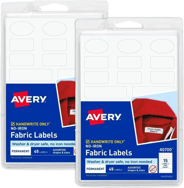 Main image of No-Iron Fabric Labels, White | Washer and Dryer-Safe | Non-Printable | Assorted Shapes | 90 Labels, Pack of 18