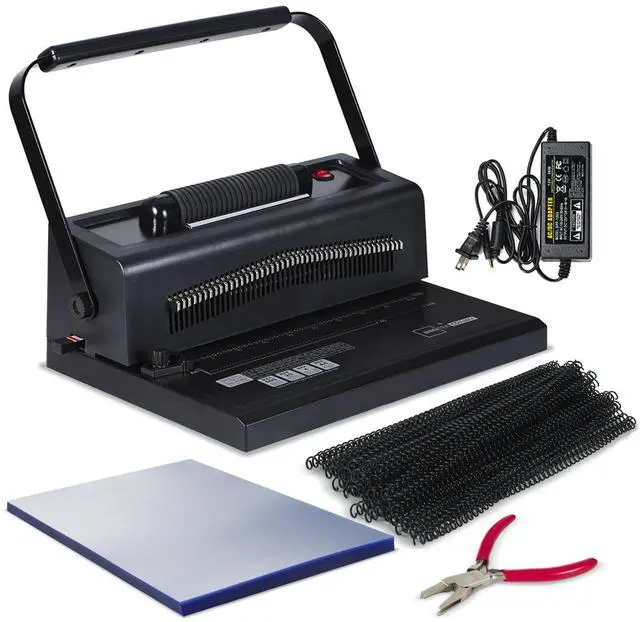 Main image of Spiral Binding Machine, 4:1 Pitch, 20-Sheet Punch, with Bonus Kit | 46 Disengageable Pins, Electric Coil Inserter, Adjustable Side Margin, with 100 8Mil PVC Covers, 100 5/16 in Coils and Pliers