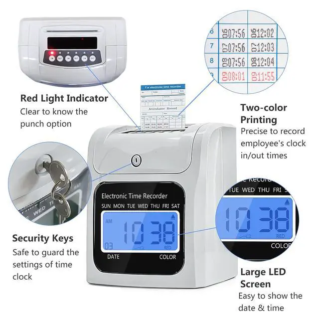 Alt view image 3 of 6 - Employee Time Clocks for Small Business, Auto-Align Time Clock Punch Machine with 50-Piece Time Cards, Two Security Keys, and One Ink Ribbon Cartridge