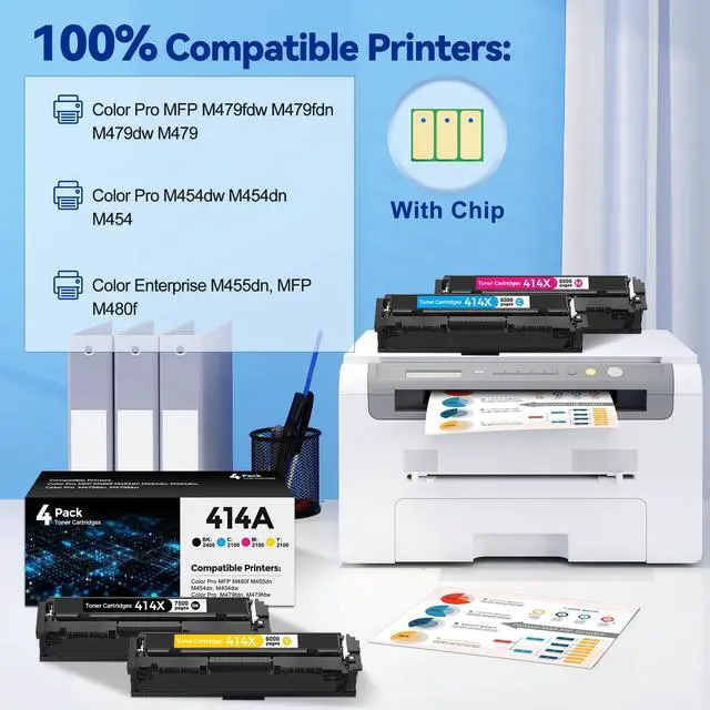Alt view image 2 of 7 - 414X Toner Cartridges 4 Pack M479fdw Toner Cartridges Compatible with HP 414X W2020X 414A W2020A Toner (with New Chip) for Pro MFP M454dw M454dn M455dn M479fdn Printer(Black/Cyan/Yellow/Magenta)