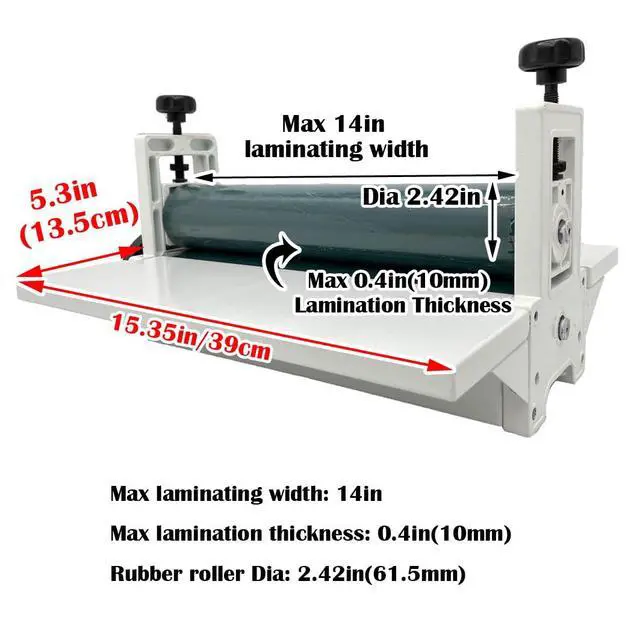 Alt view image 2 of 7 - Manual Cold Laminator 14in Cold Roll Laminating Machine, All Metal Frame, 0.4in Max Laminating Thickness,Rubber Roller for Flim Cold Laminating