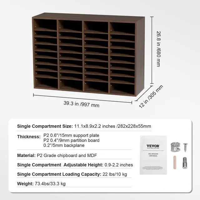 Alt view image 3 of 7 - Literature Organizers, 36 Compartments Office Mailbox with Adjustable Shelves, Wood Literature Sorter 39.3x12x26.8 inches for Office, Home, Classroom, Mailrooms Organization, EPA Certified Brown