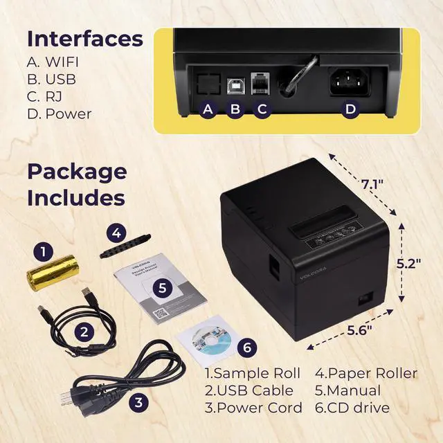 Alt view image 5 of 7 - Thermal Receipt Printer, 80mm POS Printer w/Auto Cutter, USB/WiFi Interface for Windows/MAC/Linux, ESC/POS Command Support Cash Drawer, High Speed Kitchen Printer, Wall Mount (Black)