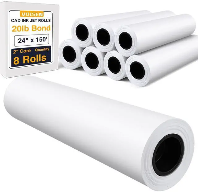 Main image of Wide Format Paper,8 Rolls Plotter Paper 24 In x 150 Ft, CAD Bond Rolls,20lb,Bond Paper on 2" Core for CAD Printing on Wide Format Ink Jet Printers