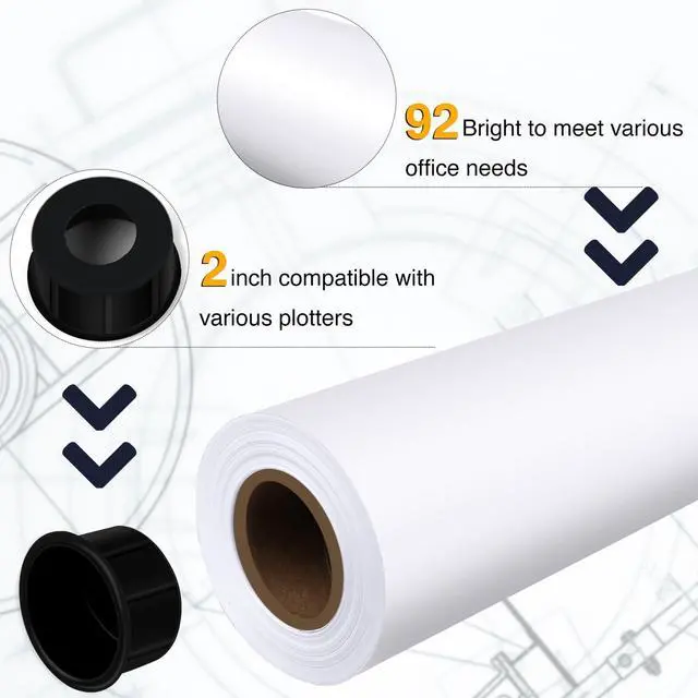 Alt view image 3 of 6 - Wide Format Paper,8 Rolls Plotter Paper 24 In x 150 Ft, CAD Bond Rolls,20lb,Bond Paper on 2" Core for CAD Printing on Wide Format Ink Jet Printers