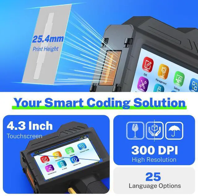 Alt view image 2 of 7 - 1.0 Inch Print Height Intelligent Handheld Inkjet Printer Lasts 16H Weighs Only 400g for Batch Code Date Lot Number Print on Plastic Carton Wood Metal Glass Aluminum with 42ml Fast Dry Ink (Black)