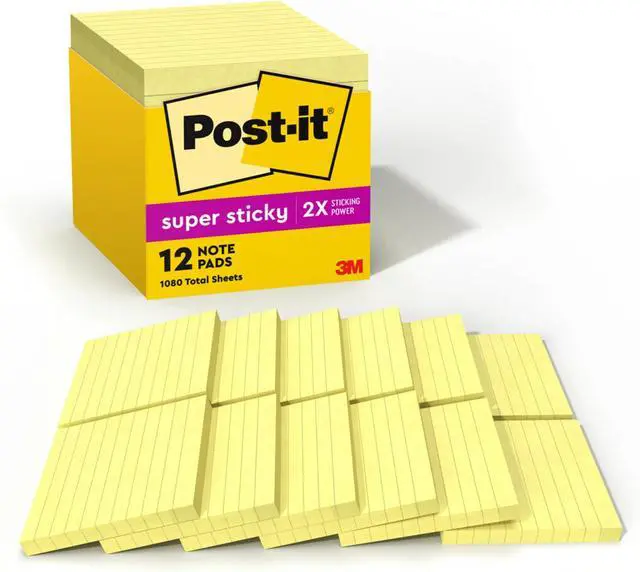 Main image of Super Sticky Notes, 4x4 in, 12 Pads, 2X The Sticking Power, Canary Yellow, Recyclable (675-12SSCP) (Pack of 6)