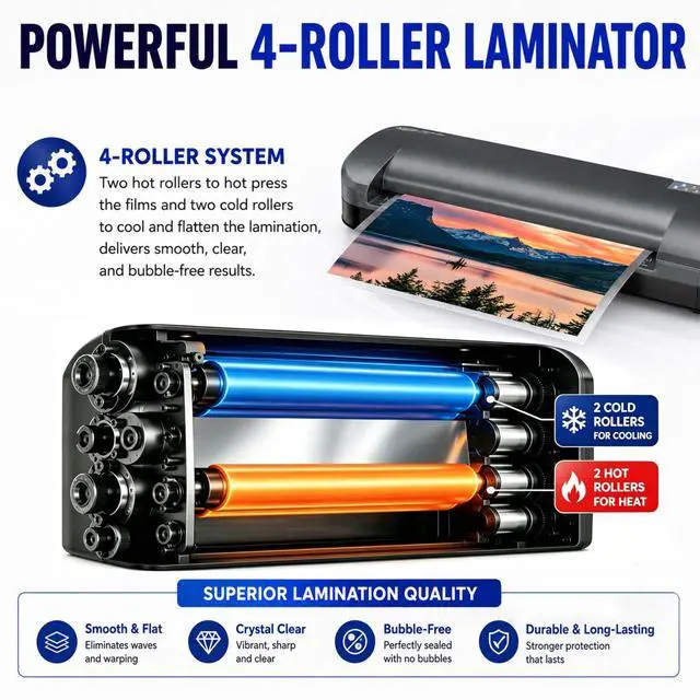 Alt view image 5 of 7 - 13-Inch Thermal Laminator & Foil Applicator, 310 Mil, 4-Roller, 55s Warm-Up, 18 seconds/page, Auto Shutoff, Commercial-Grade Laminating Machine with 10 Pouches for Office, School, Crafts & DIY