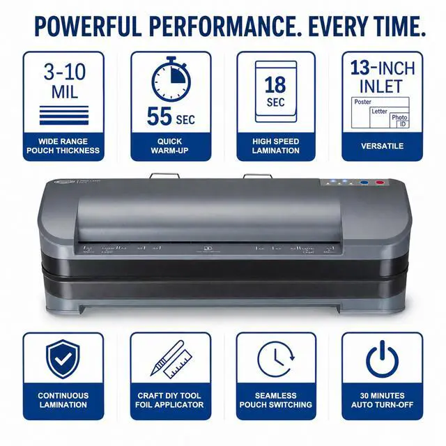 Alt view image 7 of 7 - 13-Inch Thermal Laminator & Foil Applicator, 310 Mil, 4-Roller, 55s Warm-Up, 18 seconds/page, Auto Shutoff, Commercial-Grade Laminating Machine with 10 Pouches for Office, School, Crafts & DIY