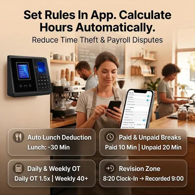 Alt view image 5 of 7 - App Control, 5s Fast Connection, Fix Records, Custom Overtime, Lunch & Break Rules, 4 Payroll Reports, No Monthly Fee, 10 IC Cards Included, Fingerprint & Face Time Clock for Small Business