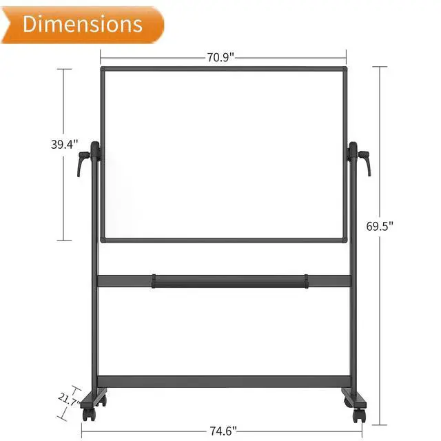 Alt view image 2 of 6 - Double-Sided Magnetic Mobile Dry Erase Whiteboard, 72" x 40", Black | Rolling Standing White Board on Wheels with Aluminium Frame for School Office Home