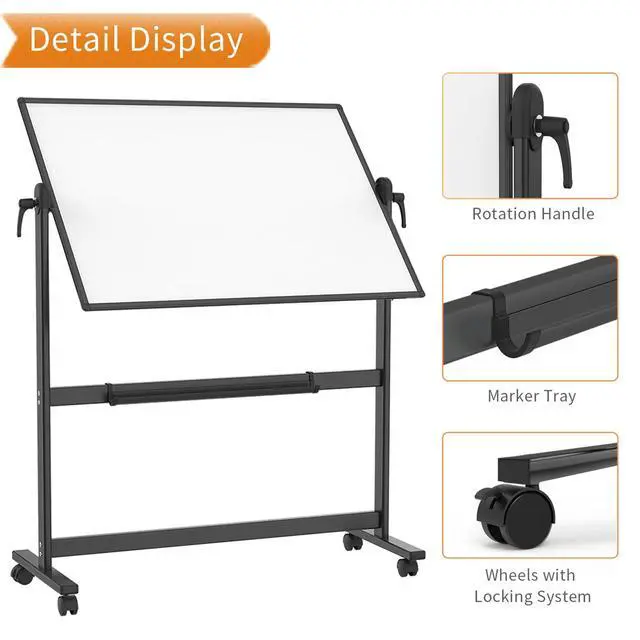 Alt view image 4 of 6 - Double-Sided Magnetic Mobile Dry Erase Whiteboard, 72" x 40", Black | Rolling Standing White Board on Wheels with Aluminium Frame for School Office Home