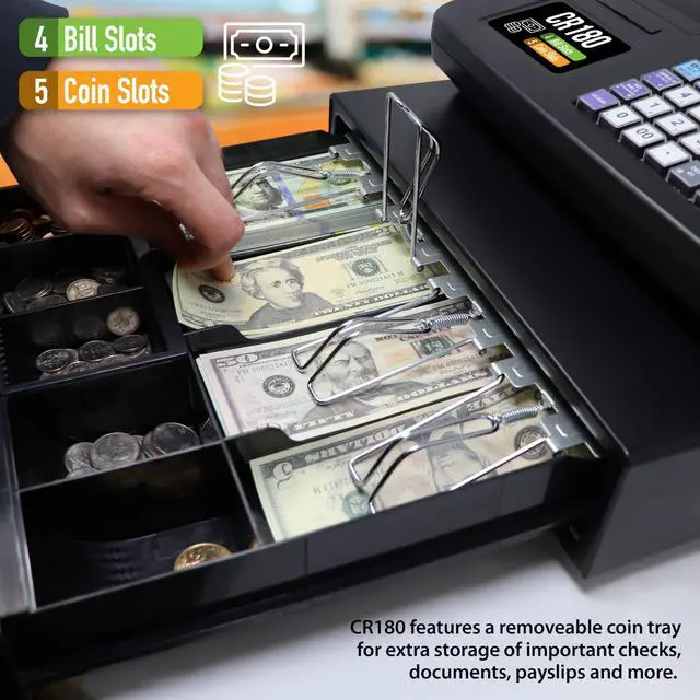 Alt view image 3 of 7 - CR180 Electronic Cash Register, Steel Cash Drawer, Compact Design, Black