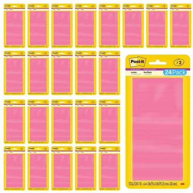 Main image of Super Sticky Notes, 3 in. x 8 in., Energy Boost Collection, 24-Pack | 45 Sheets/Pad, 48 Pads, Lined, Recyclable, Assorted Colors