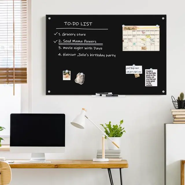 Alt view image 6 of 7 - Magnetic Glass Dry Erase White Board, 48" x 32" Black Glass Board for Wall Mounted, Includes 6 Magnets with Marker Tray, 3 Markers and 1 Eraser for Classroom Home, Office Supplies