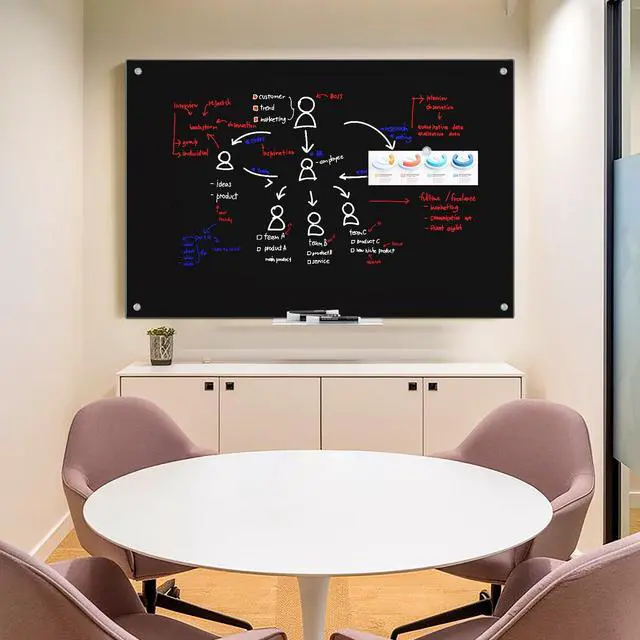 Alt view image 7 of 7 - Magnetic Glass Dry Erase White Board, 48" x 32" Black Glass Board for Wall Mounted, Includes 6 Magnets with Marker Tray, 3 Markers and 1 Eraser for Classroom Home, Office Supplies