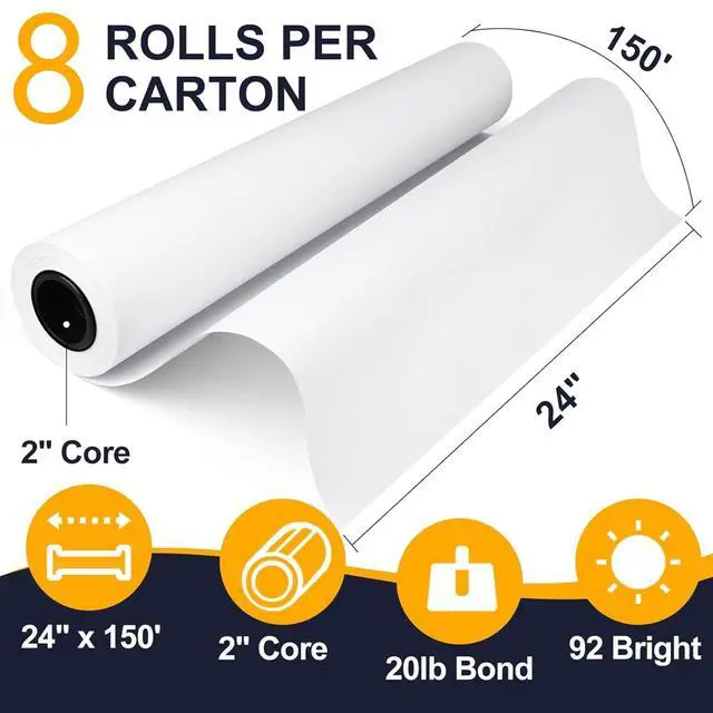 Alt view image 2 of 6 - Wide Format Paper,8 Rolls Plotter Paper 24 In x 150 Ft, CAD Bond Rolls,20lb,Bond Paper on 2" Core for CAD Printing on Wide Format Ink Jet Printers