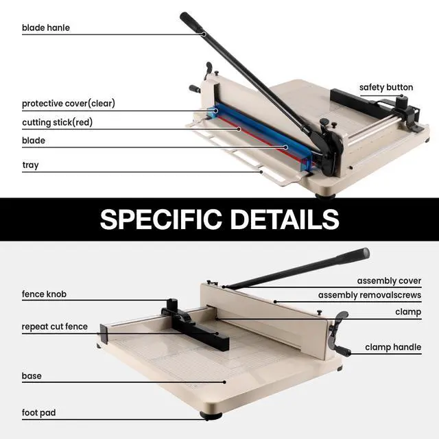 Alt view image 4 of 7 - 12 Inch Guillotine Paper Cutter, Commercial Paper Cutter Heavy Duty Stack Trimmer with 400 Sheets Capacity, Manual Paper Cutter with HSS Blade, Safety Lock & Metal Base for Cardstock, Leather & Books