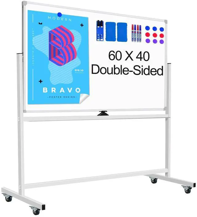 Main image of Mobile Whiteboard on Wheels 60 X 40, Double-Sided Large Rolling White Board Dry Erase Board with Stand, Magnetic Whiteboard with Stand, Portable Standing Whiteboard for Home Office School