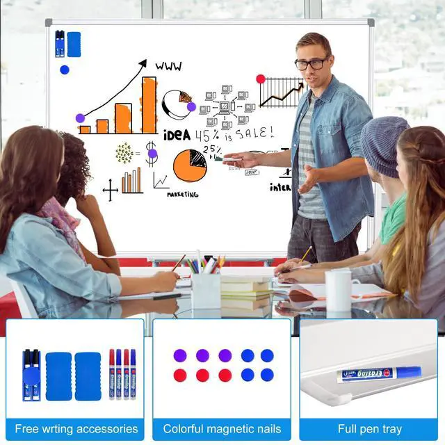 Alt view image 4 of 7 - Mobile Whiteboard on Wheels 60 X 40, Double-Sided Large Rolling White Board Dry Erase Board with Stand, Magnetic Whiteboard with Stand, Portable Standing Whiteboard for Home Office School