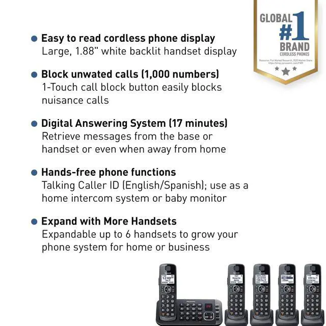 Alt view image 2 of 7 - DECT 6.0 Expandable System, Cordless Phones with Answering Machine and Call Blocking - 5 Cordless Phones 5 Handsets - KX-TGE645M (Metallic Black)