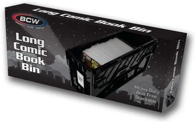 Main image of Long Comic Book Bin - 2 Pack | Heavy Duty Comic Book Storage Box | Stackable Comic Bin Organizer for 300 Comics Each | Acid-Free Plastic Box with Divider & Label Slot