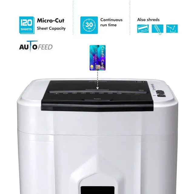 Alt view image 4 of 7 - Professional Grade 120-Sheet Auto Feed Micro-Cut Paper and Credit Card Shredder with 5 Gallon Pullout Basket / 30 Minutes/Security Level P-4 (White/Black)