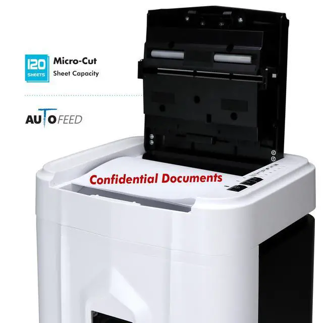 Alt view image 3 of 7 - Professional Grade 120-Sheet Auto Feed Micro-Cut Paper and Credit Card Shredder with 5 Gallon Pullout Basket / 30 Minutes/Security Level P-4 (White/Black)